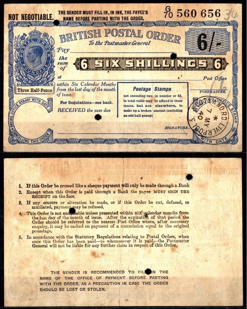 Великобритания 6 пенсов 1936-1952 вид векселя, который использовался для отправки денег через почту в Великобритании бумага 451-1185-3