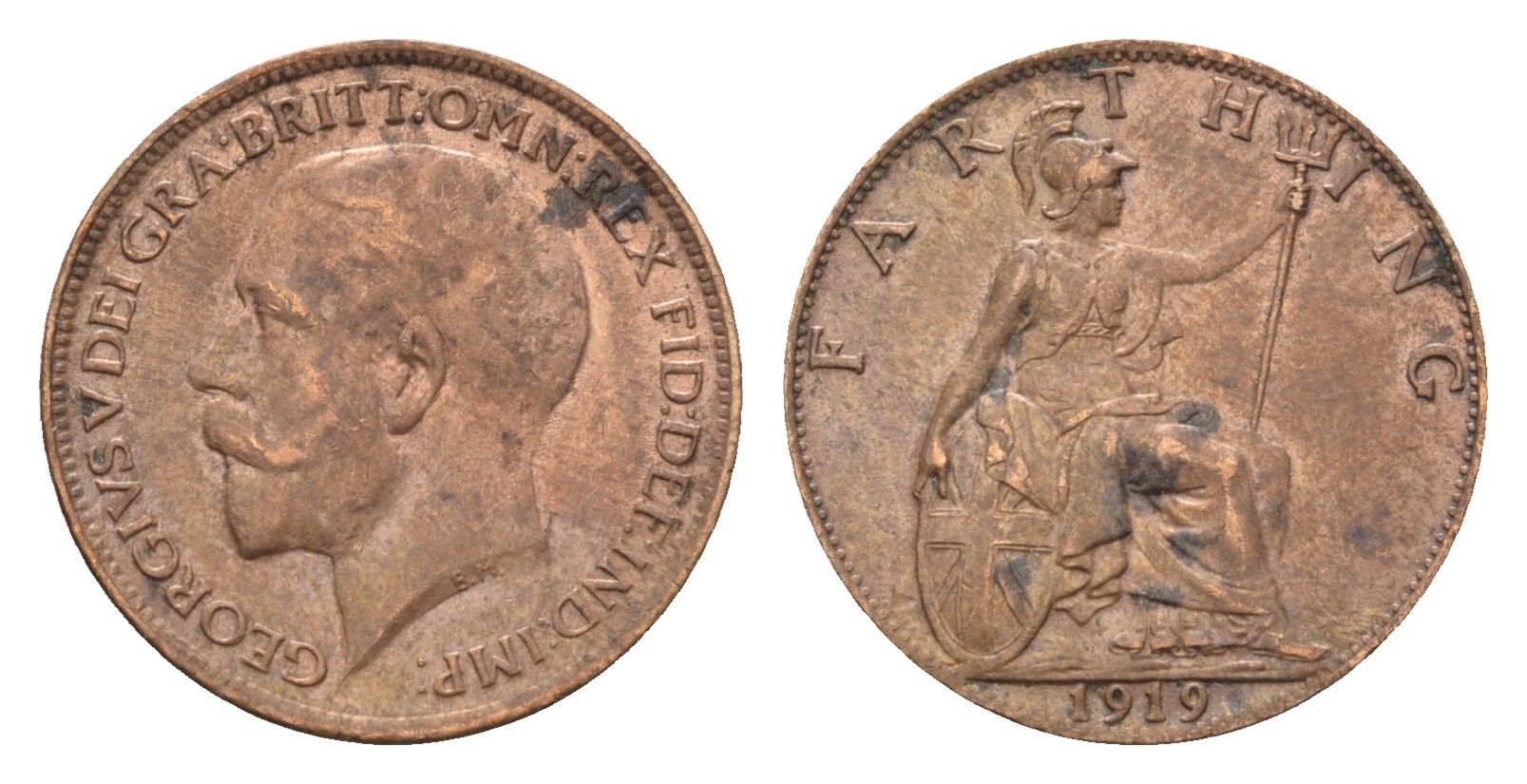 Великобритания 1 фартинг 1919 Георг V (1910-1936) KM 808.2, Spink 4060 бронза 4697-846