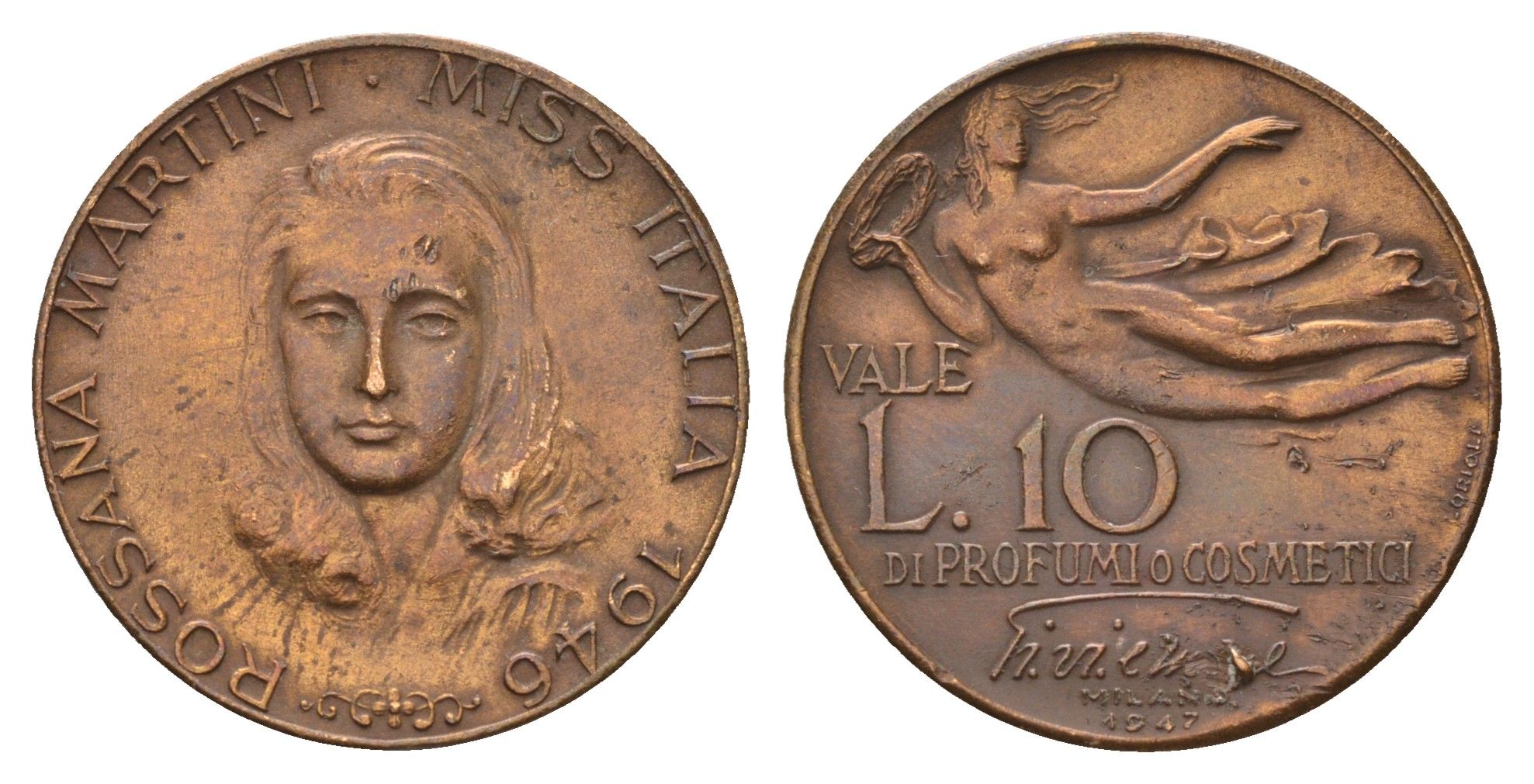 Италия скидочный парфюмерный жетон - 10 лир 1947 Россана Мартини - Мисс Италии 1946, диаметр 24,5 мм, вес 6,1 гр бронза 4670-1014