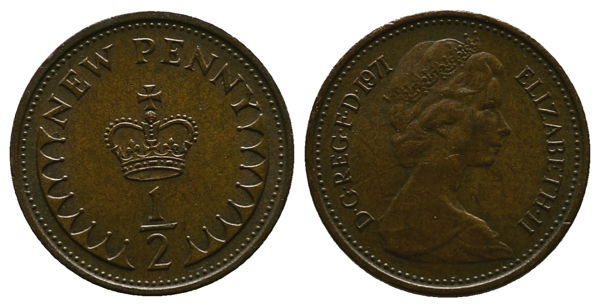Великобритания 1/2 пенни 1971 Елизавета II (1952-2022) KM 914, Spink 4239 бронза 4384-736