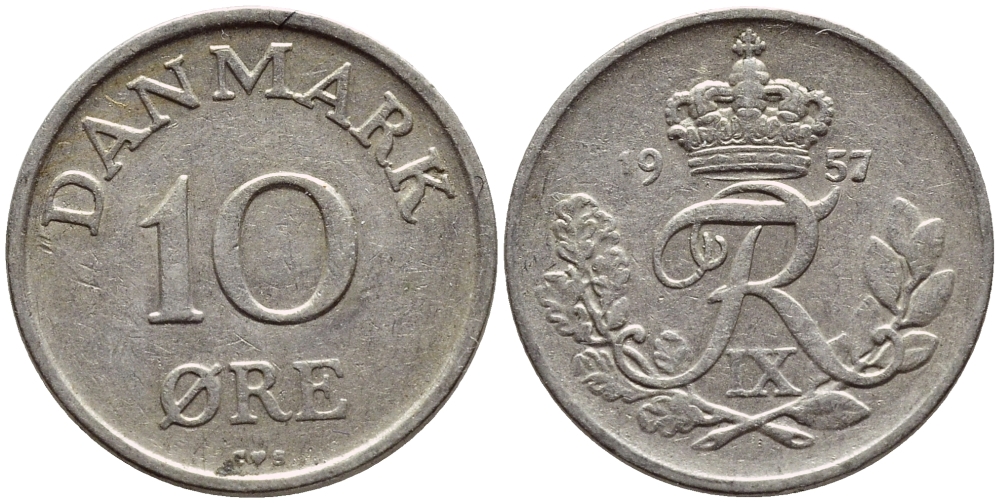 ДАНИЯ 10 ЭРЕ 1957 C; S, ФРЕДЕРИК IX (1947-1972) КМ 841.2 медно-никель 4398-923