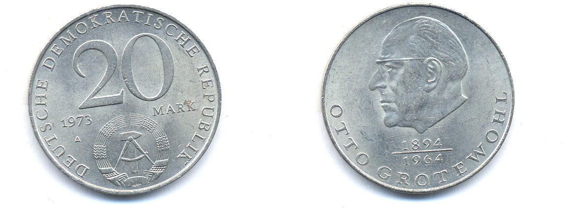 ГДР 20 марок 1973 А, Отто Гротеволь (1894-1964) KM 47 медно-никель 3333-433