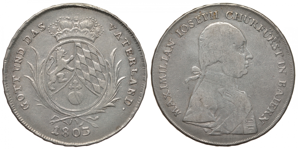 Бавария 1 талер 1803 Максимилиан I Иосиф (1799-1806-1825) KM 664, Dav. 546, Kahnt 56, Thun 38, AKS 9 серебро 00-000-00