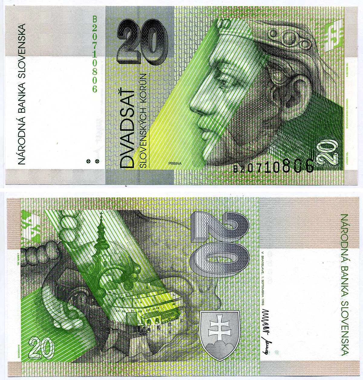 СЛОВАКИЯ 20 КРОН 1993 1 СЕНТЯБРЯ 1993, серия В, ПРИНЦ ПРИБИНА Pick 20а бумага UNC (пресс) 6294-56-2-1