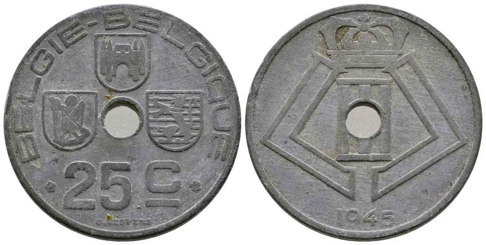 БЕЛЬГИЯ 25 САНТИМОВ 1945 BELGIE-BELGIQUE KM 132 цинк 177-1027