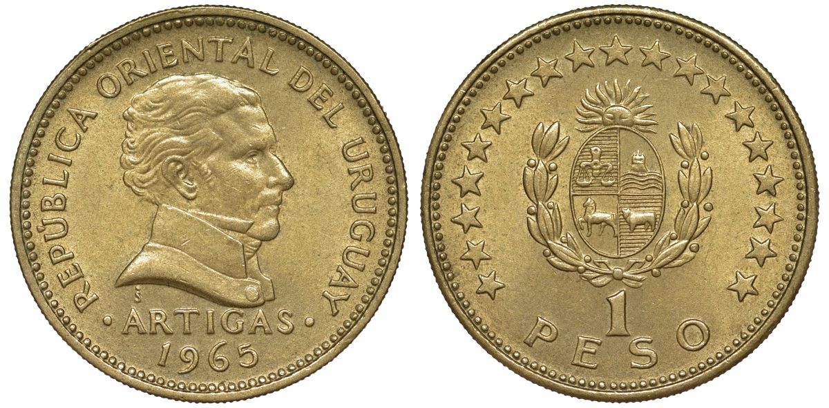 Уругвай 1 песо 1965 KM 46 алюминиевая бронза 33-941