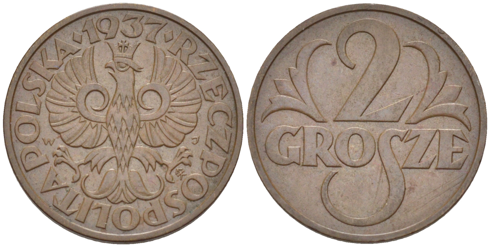 ПОЛЬША 2 ГРОША 1937 w KM 9a, Parchimowicz 102l бронза 4181-1162