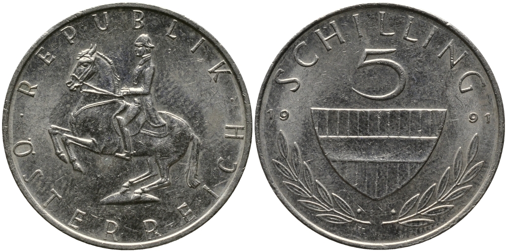 АВСТРИЯ 5 ШИЛЛИНГОВ 1991 KM 2889а медно-никель 33-622