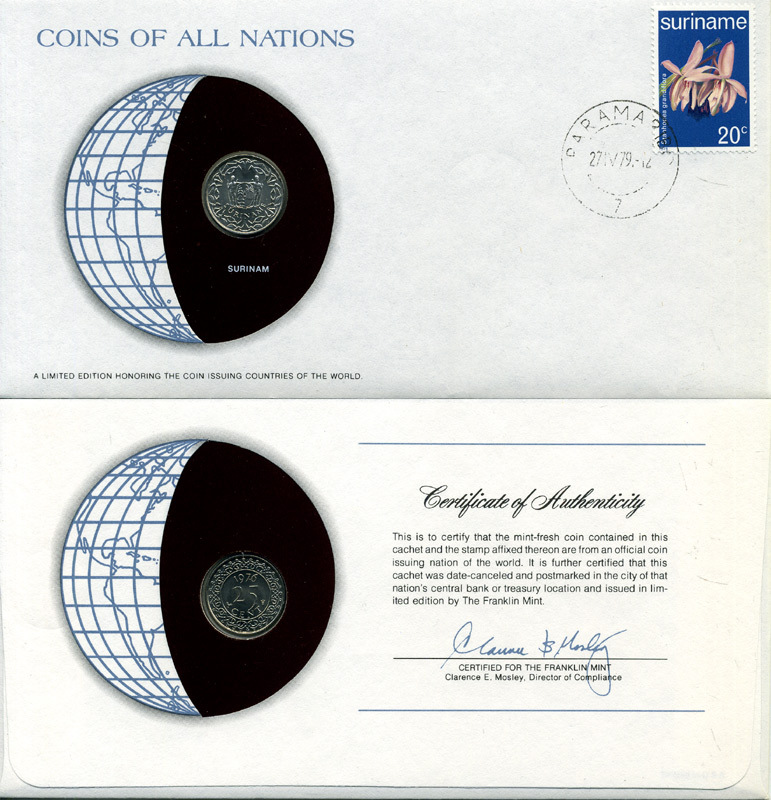 Суринам 25 центов 1976 конверт с маркой первого дня гашения, Coins of Nations KM 14 медно-никель UNC 4294-26-1