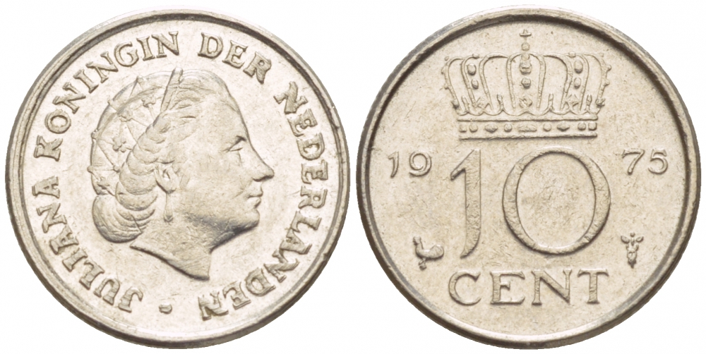 НИДЕРЛАНДЫ 10 ЦЕНТОВ 1975 ЮЛИАНА KM 182 никель 4547-847