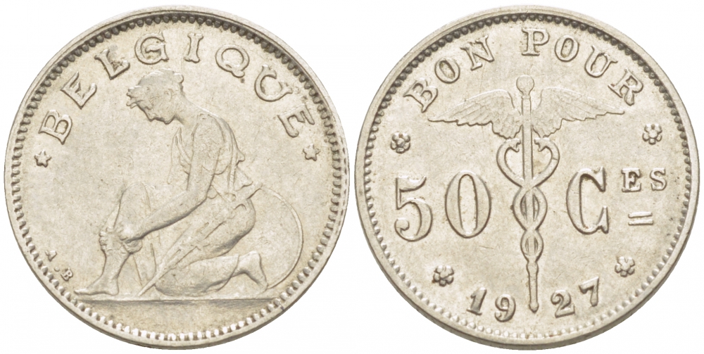 БЕЛЬГИЯ 50 САНТИМОВ 1927 BELGIQUE KM 87 никель 261-1615