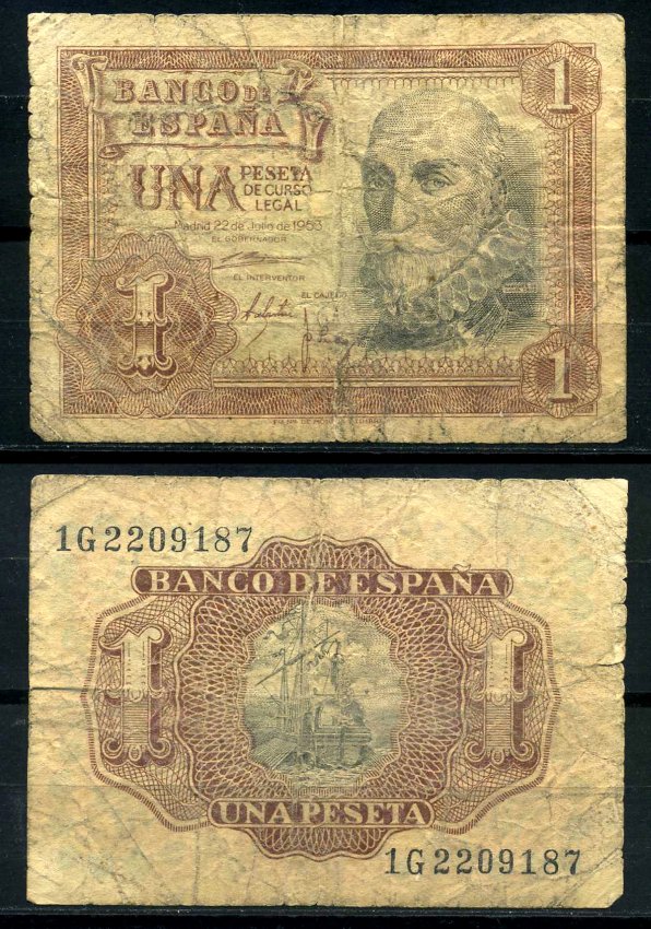 Испания 1 песета 1953 22 июля 1953, Мигель де Санта Круз Pick 144а бумага 7207-44-2-2