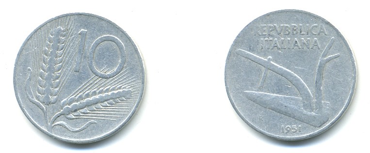 ИТАЛИЯ 10 ЛИР 1951 R, ПЛУГ KM 93 алюминий 4379-256