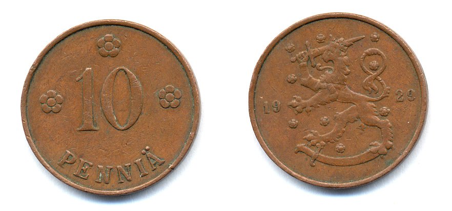 Финляндия 10 пенни 1929 республика (1918-1962) KM 24 медь 46-1634
