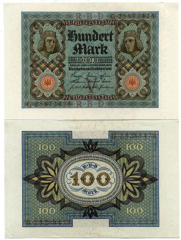 Германия 100 марок 1920 Бамбергский всадник, 8 цифр в номере Pick 69 b, Розенберг 69b бумага 2192-35-2