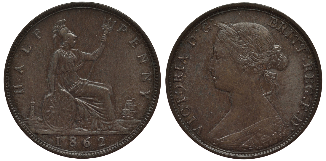 Великобритания 1/2 пенни 1862 Виктория (1837-1901) Spink 3956 медь 106-741