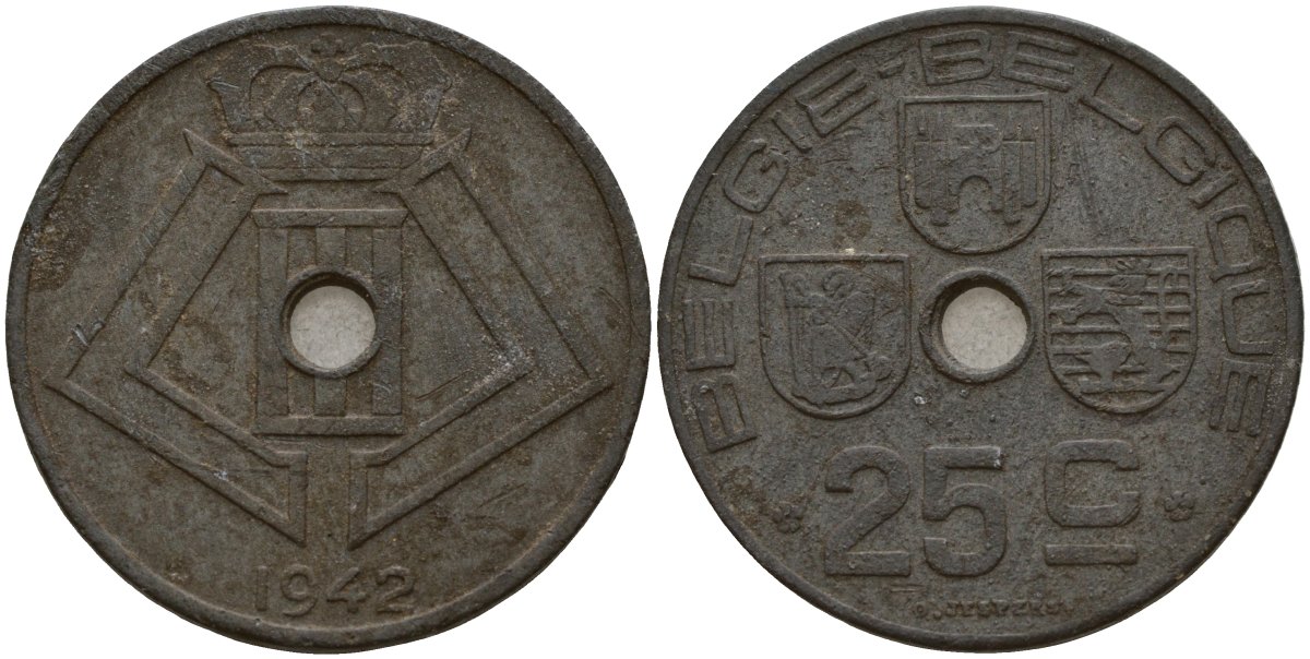 Бельгия 25 сантимов 1942 Belgie - Belgique, Леопольд III (1934-1947), германская оккупация, Вторая мировая война KM 132 цинк 4157-522