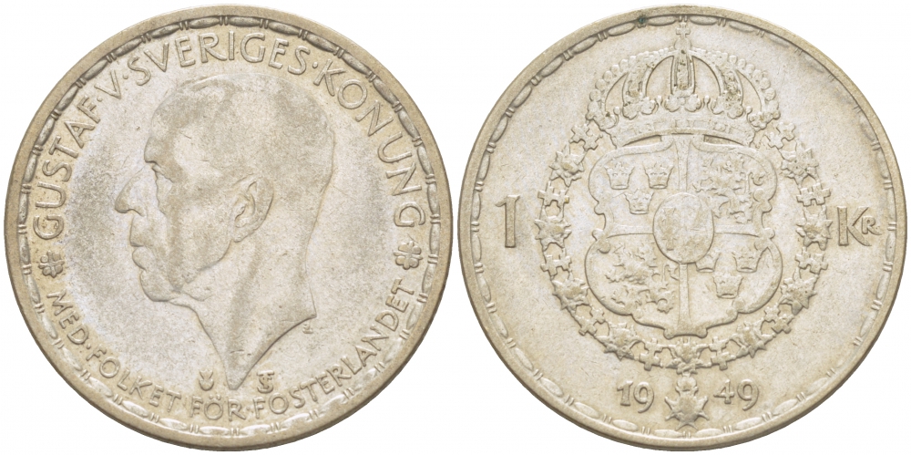 Швеция 1 крона 1949 TS, Густав VI Адольф (1950-1973) KM 814 серебро 4402-342