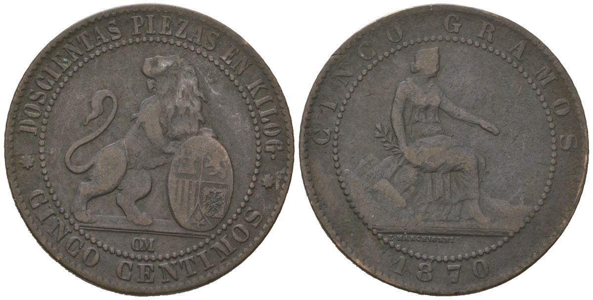 Испания 5 сентимо 1870 ОМ, лев со щитом KM 662 бронза 92-1023