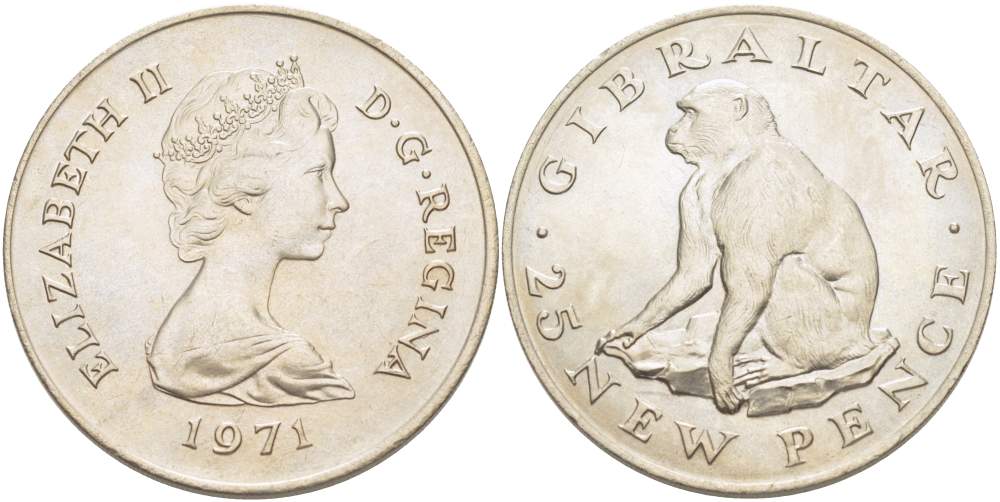 Гибралтар 25 пенсов 1971 Елизавета II (1952-2022), обезьяна KM 5 медно-никель UNC 4527-421