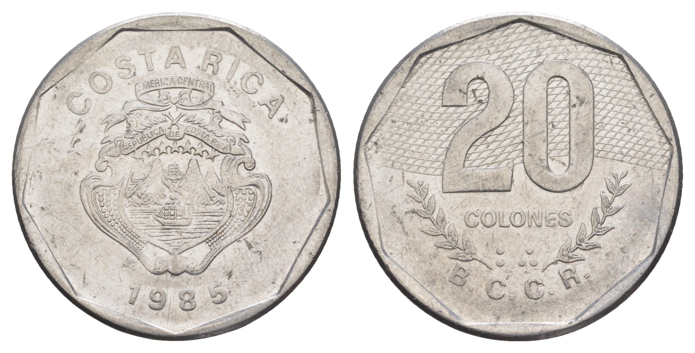 Коста-Рика 20 колонов 1985 KM 216.2 нержавеющая сталь 4645-412