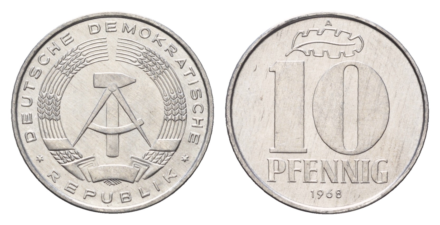ГДР 10 пфеннигов 1968 A KM 10 алюминий  aUNC  M81-21