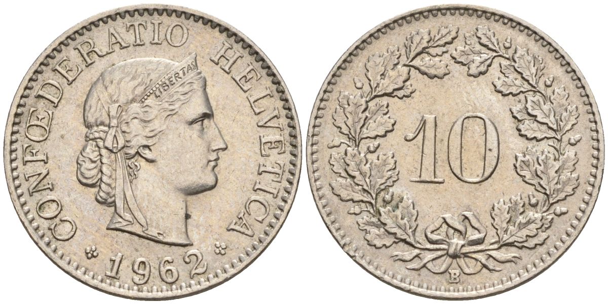 Швейцария 10 раппенов 1962 B KM 27 медно-никель 4608-469