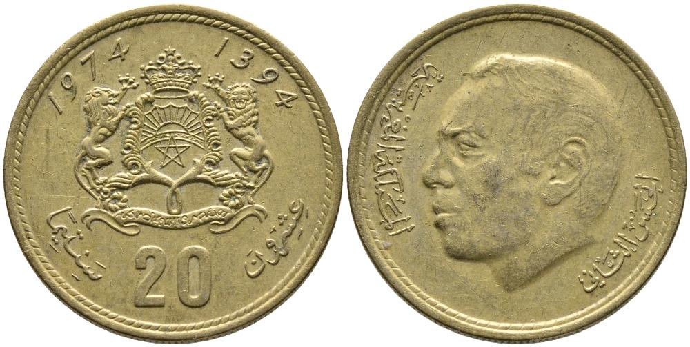 Марокко 20 сантимов 1974 AH1394, Аль Хассан II (1962-1999), KM 61 алюминиевая бронза 3336-1026
