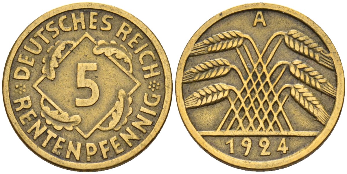 Германия 5 рентенпфеннигов 1924 A KM 32, J. 308 алюминиевая бронза 4151-647