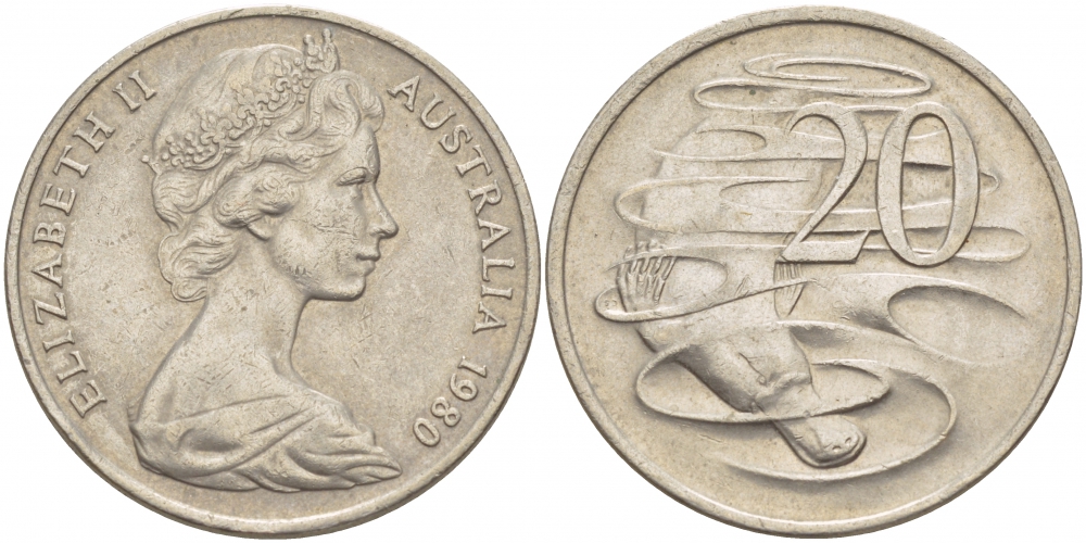 АВСТРАЛИЯ 20 ЦЕНТОВ 1980 ЕЛИЗАВЕТА II, МОЛОДОЙ ПОРТРЕТ, УТКОНОС KM 66 медно-никель 115-1021