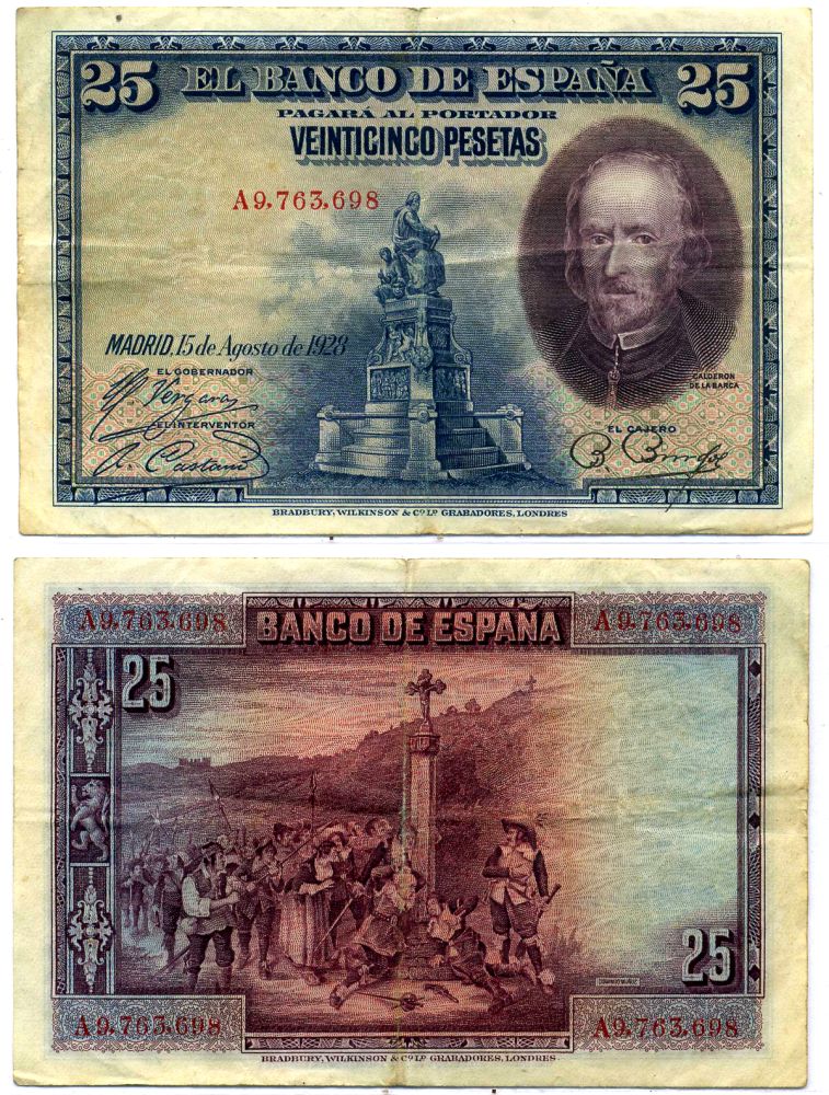 Испания 25 песет 1928 Педро Кальдерон де ля Барка, серия А9 Pick 74b бумага 8564-28-4-2
