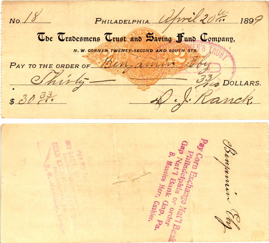 США чек на 30,33 долларов 1899 Филадельфия бумага 2196-28-3-1