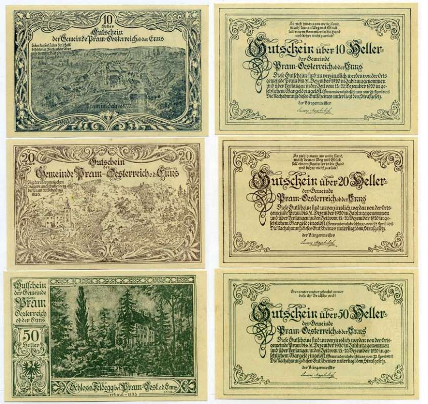Австрия, Прам набор из 3 банкнот 10, 20, 50 геллеров 1920 31 декабря 1920, нотгельд, 15-20 декабря 1920, земля Верхняя Австрия   бумага  UNC (пресс) 7555-13-3-2