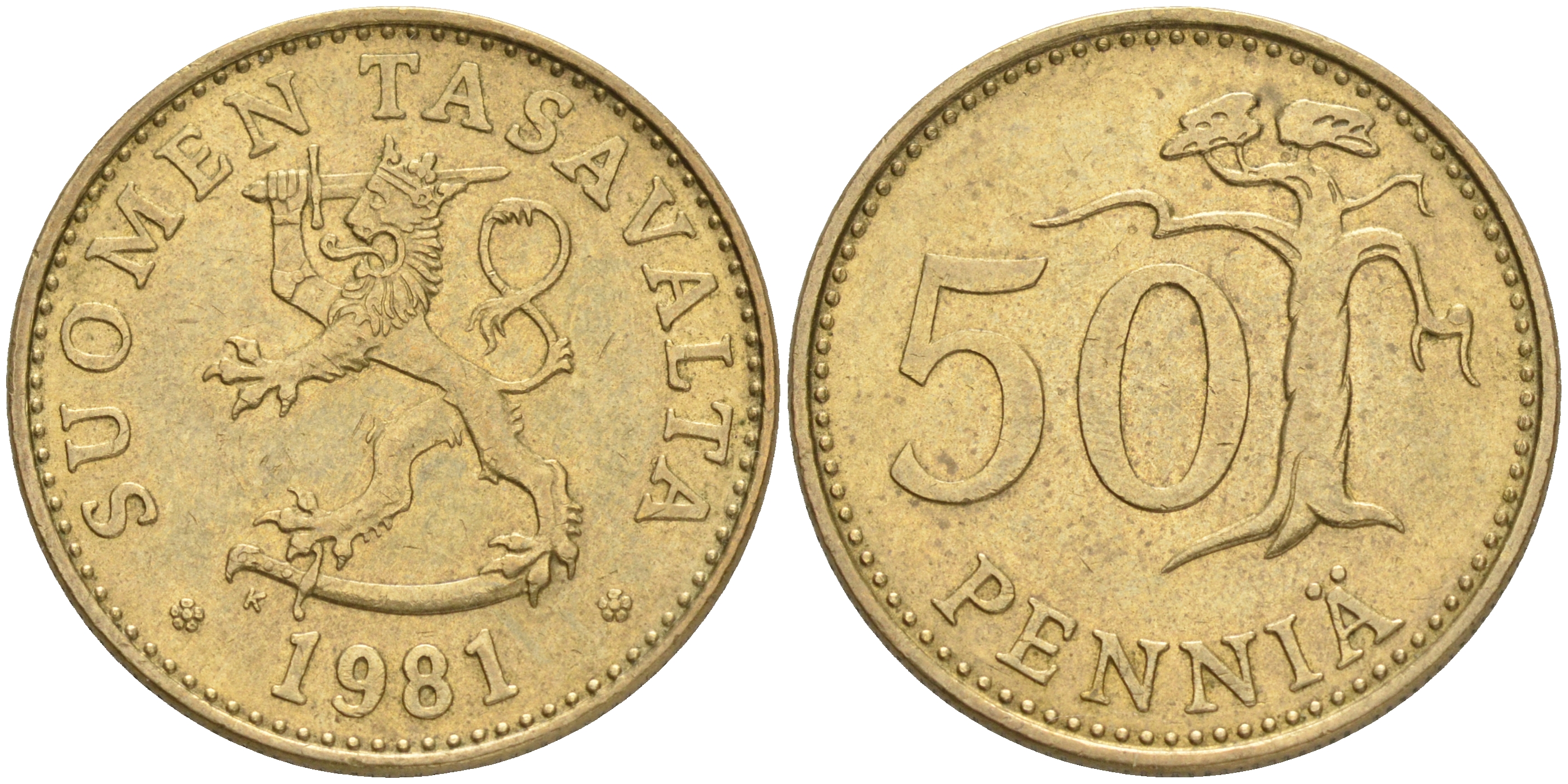 ФИНЛЯНДИЯ 50 ПЕННИ 1981 K KM 48 алюминиевая бронза 4556-223