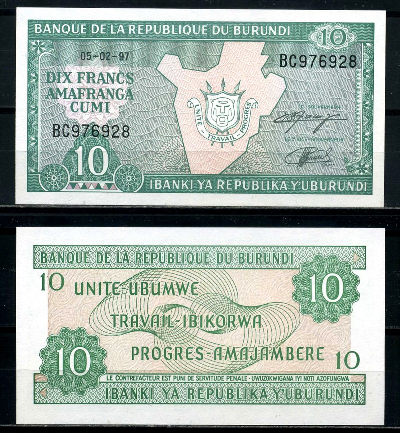 Бурунди 10 франков 1997 5 февраля 1997 Pick 33d бумага UNC (пресс) 6317-14-4-2
