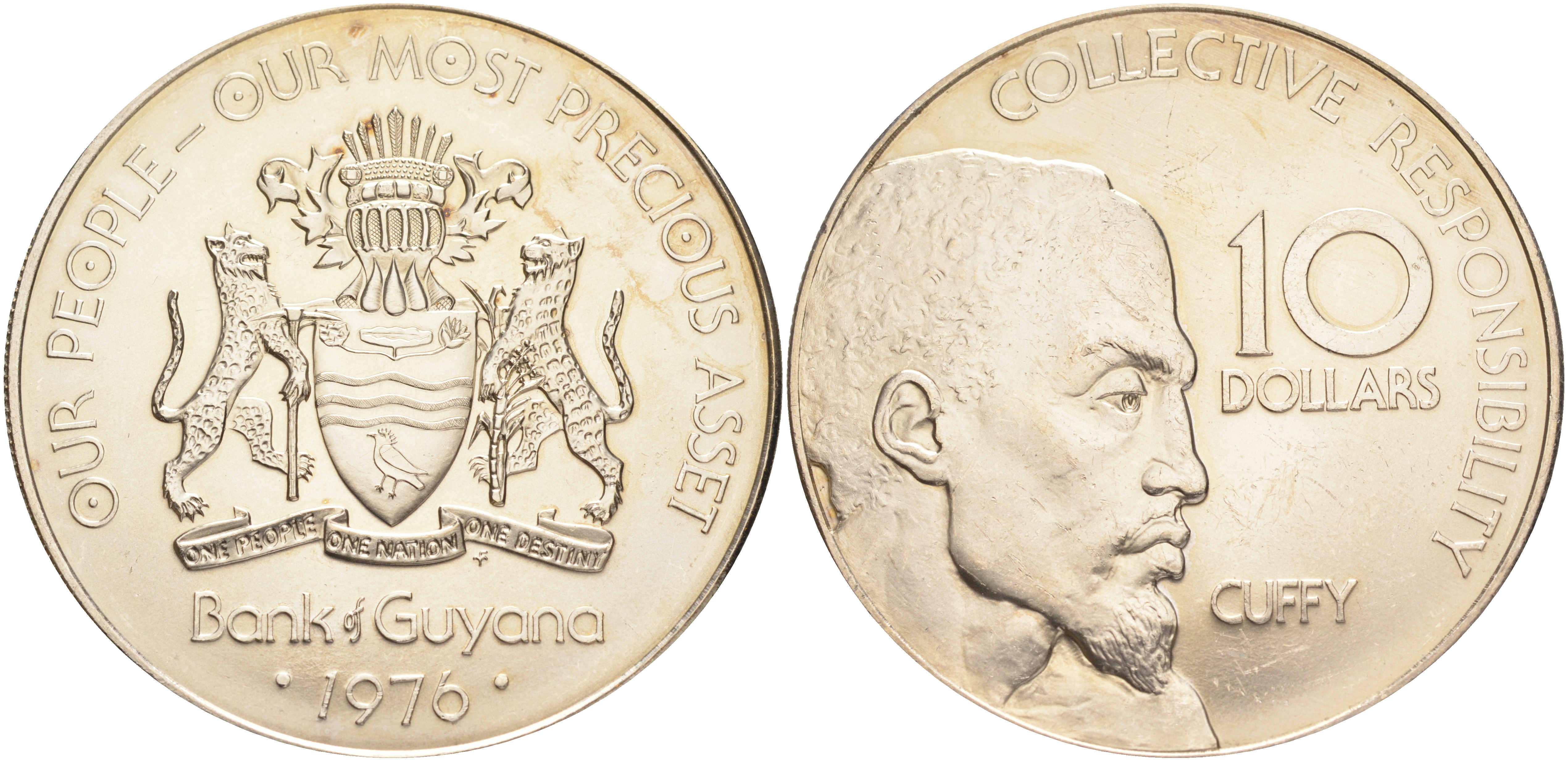 Гайана 10 долларов 1976 Fm, 10 лет независимости, Каффи, очень редкая, тираж менее 100 экз., RARE KM 44 медно-никель UNC 00-801-66