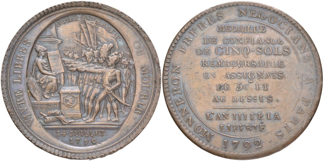 Франция 5 солей (су) 1792 LAN 4, революции, токен, VIVRE LIBRAS OU MOURIR ("Жить свободным или умереть", MONNERON FRERES NEGOCIANS A PARIS (Торговцы братья Моннерон. Париж). KM Tn31, Guilloteau 291, Mazard 145 бронза 4552-934