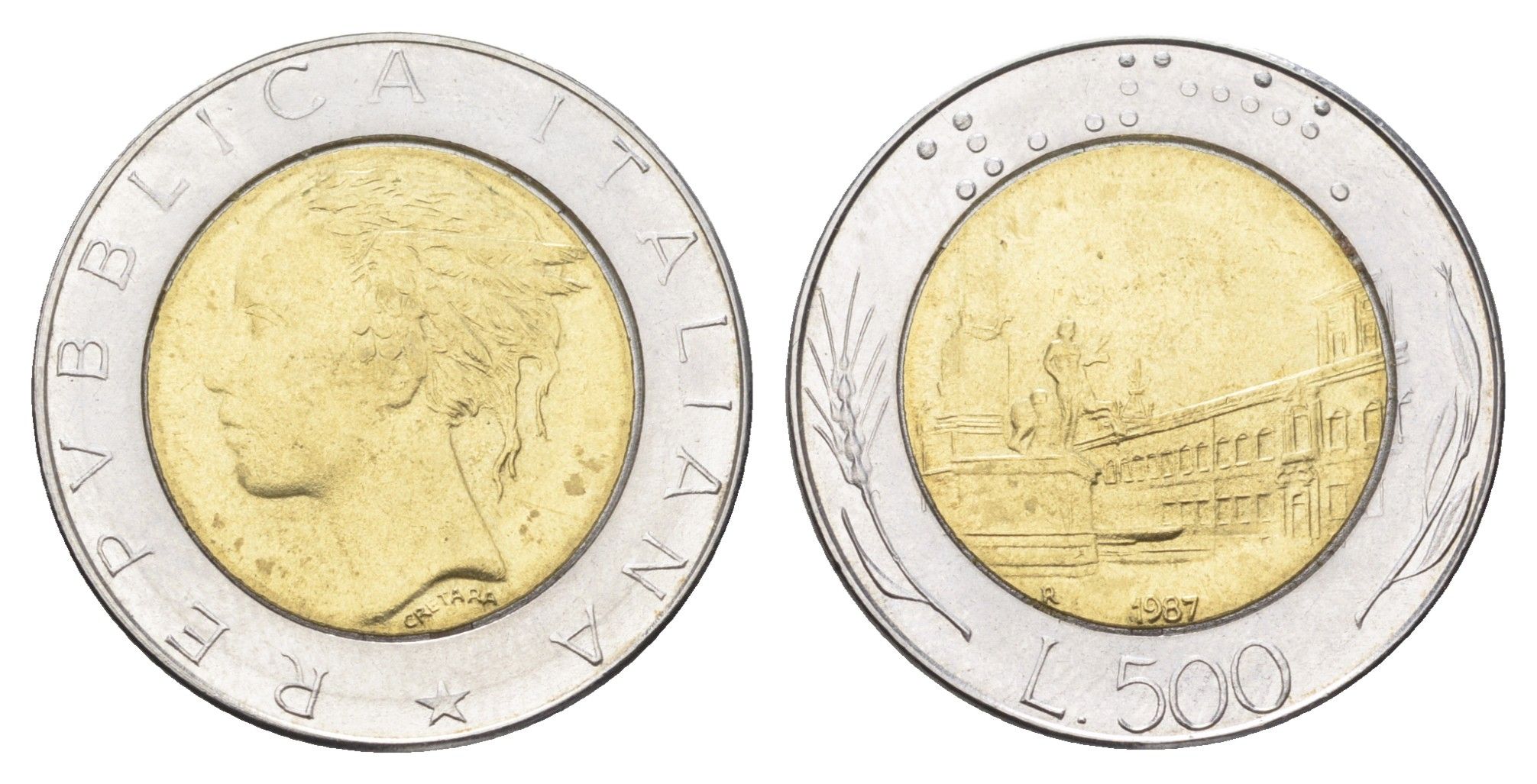 Италия 500 лир 1987 R, Квиринальский дворец в Риме KM 111 биметалл 4704-955