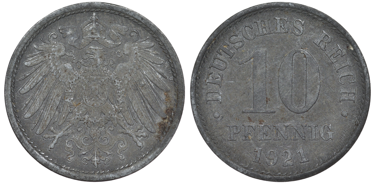 ГЕРМАНИЯ 10 ПФЕННИГОВ 1921 KM 26, J. 299 цинк 45-1268