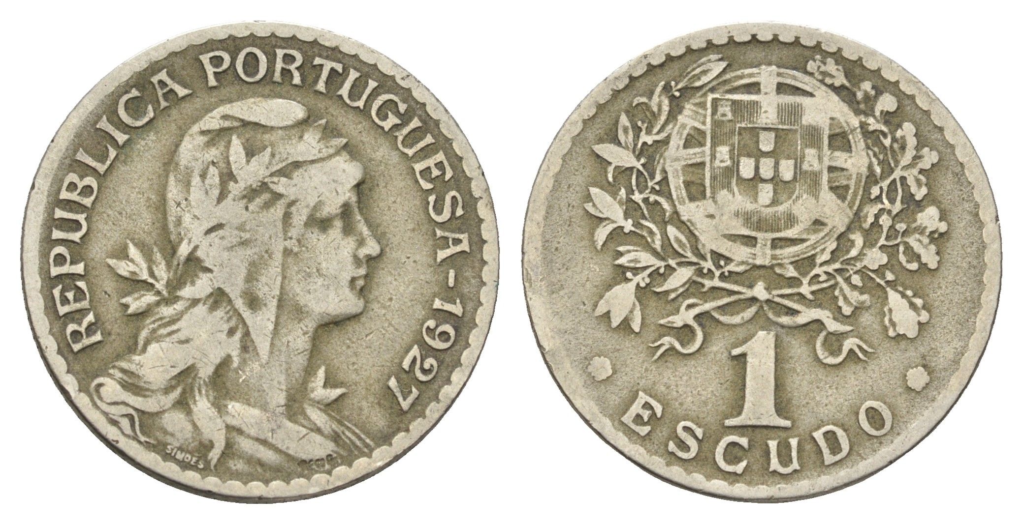 Португалия 1 эскудо 1927 голова Свободы вправо KM 578 никель латунь 4660-947