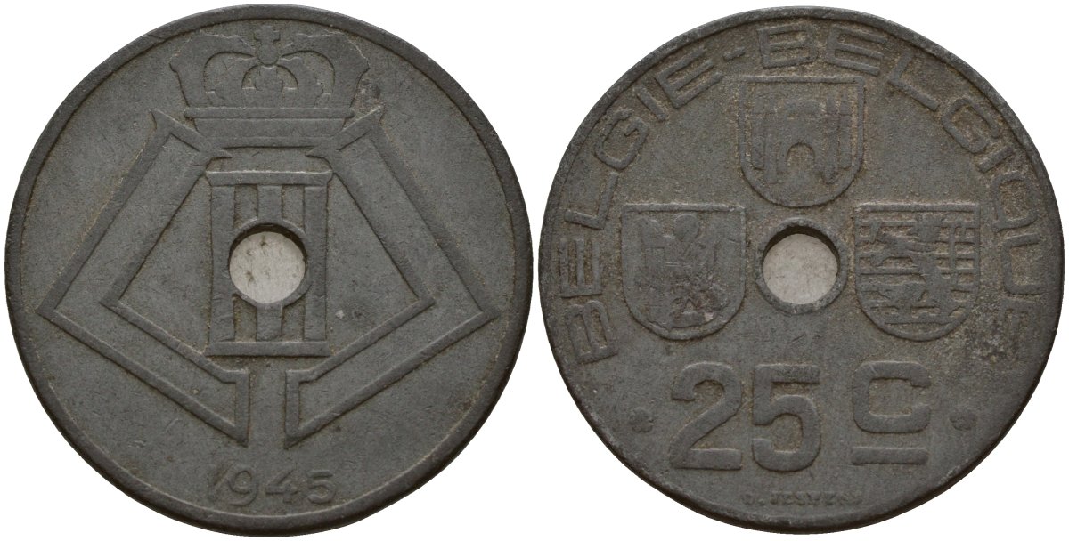 Бельгия 25 сантимов 1945 Belgie - Belgique, Леопольд III (1934-1947), германская оккупация, Вторая мировая война KM 132 цинк 4157-636