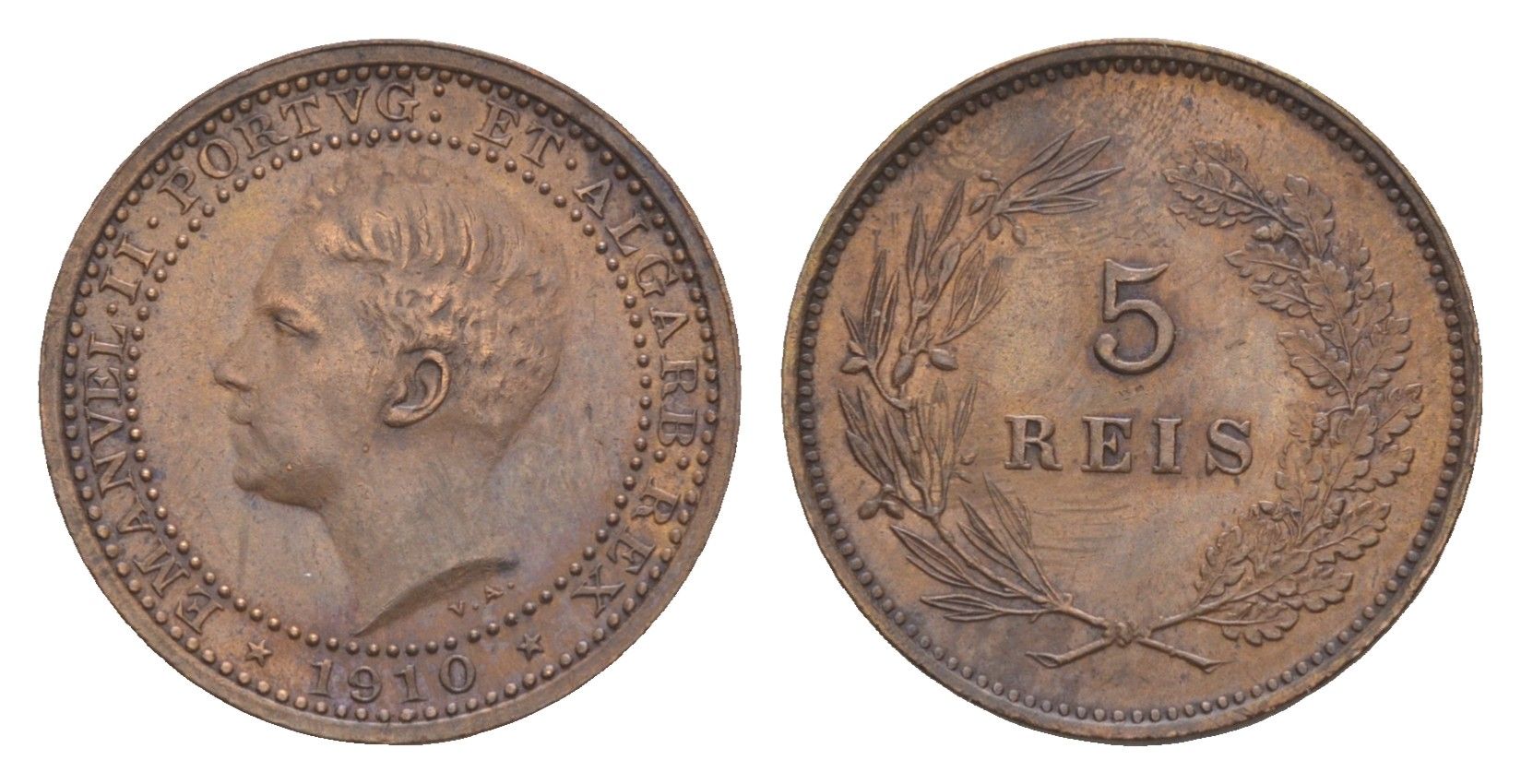 Португалия 5 реалов (рейсов) 1910 Мануэл II (1908-1910), год-тип KM 555 бронза aUNC 3896-1221