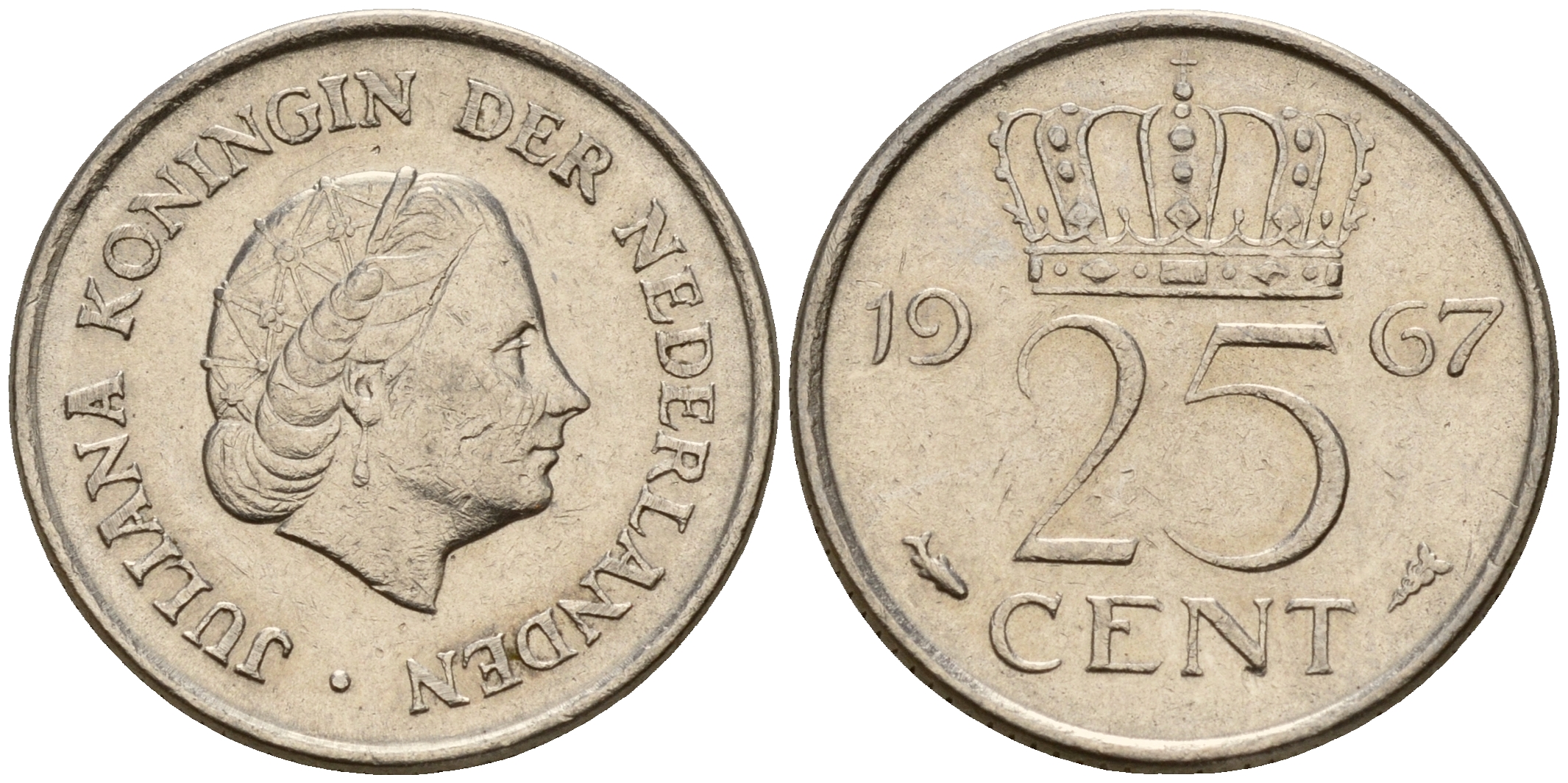 Нидерланды 25 центов 1967 Юлиана (1949-1980) KM 183 никель    4598-426