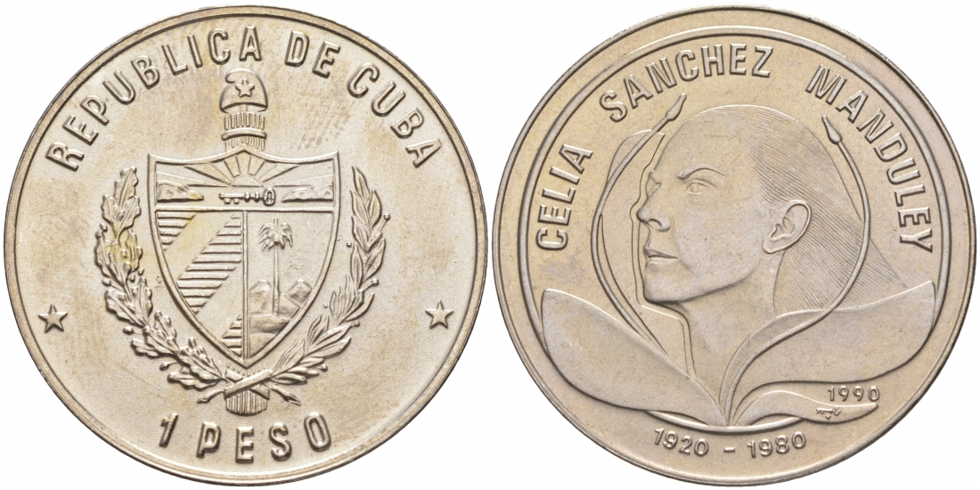 Куба 1 песо 1990 Селия Санчес Мандулей, кубинская революционерка KM 340 медно-никель UNC 1526-925 M16-15