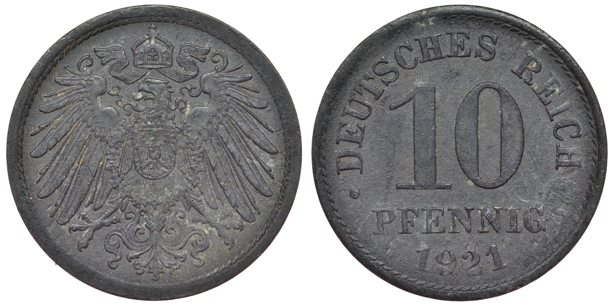 Германия 10 пфеннигов 1921 KM 26, J. 299, Weege 8 цинк 4119-314