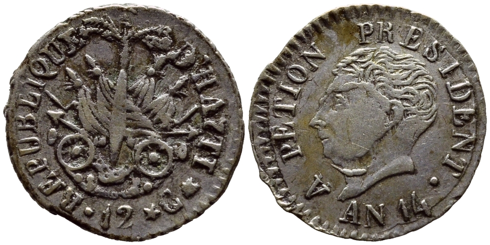 Гаити 12 сантимов 1817 14 год, Президент Александр Петион, большая голова KM 13 серебро 00-000-00