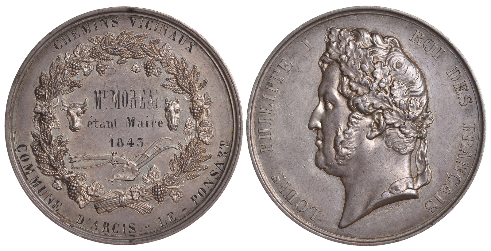 ФРАНЦИЯ МЕДАЛЬ 1843 ЛУИ ФИЛИПП I- КОРОЛЬ ФРАНЦУЗОВ, АКАДЕМИЧЕСКОЕ ОБЩЕСТВО МАРНА, МЕСЬЕ МОРО - МЭР КОММУНЫ Д'АРСИ-ЛЕ-ПОНСАР, ДИАМЕТР 51 ММ., ВЕС 64,92 ГР. серебро 02-009-21