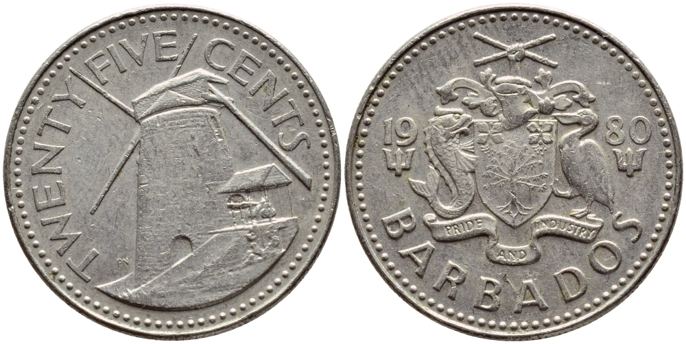 Барбадос 25 центов 1980 ветряная мельница Моргана Льюиса KM 13 медно-никель 4398-357