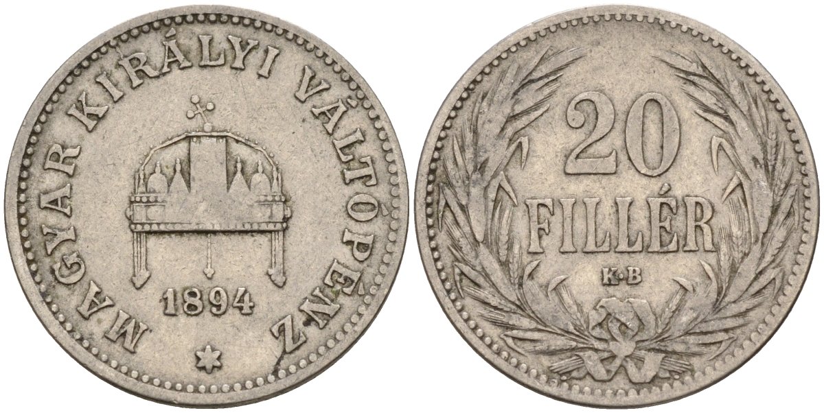 Венгрия 20 филлеров 1894 KB, Франц Иосиф I (1848-1916) KM 483 никель 4151-953