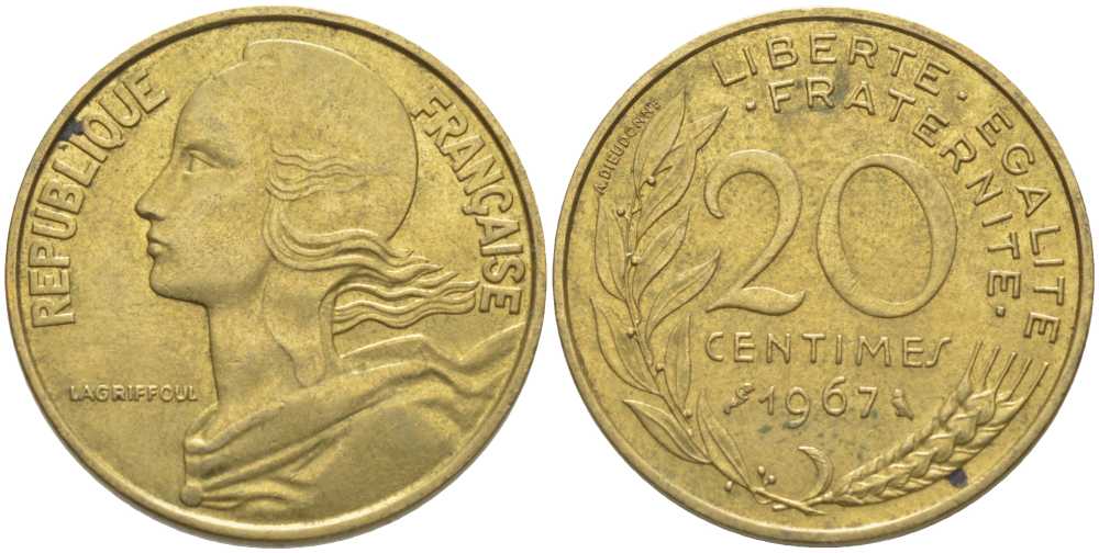 ФРАНЦИЯ 20 САНТИМОВ 1967 ТИП MARIANNE KM 930, LE FRANC 156.7 медь алюминий никель 175-831
